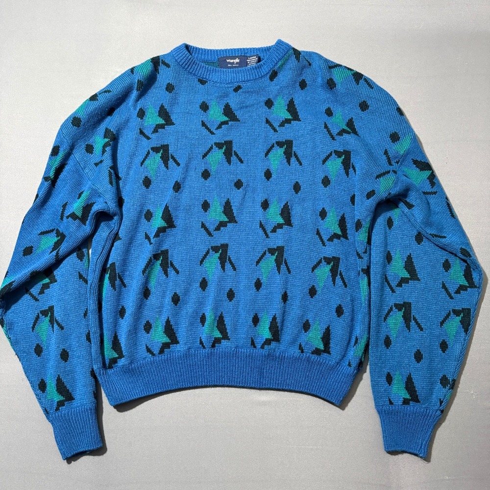 Vintage‎ 80's Wrangler Blue Geometric Pattern Crewneck Sweater Large